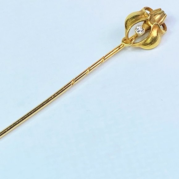 18KYG Art Nouveau stylized Tulip in a vase 6pt old euro cut diamond stick pin 3.